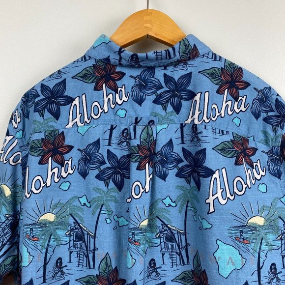Croft & Barrow Button Up Shirt L Men Blue Short Sleeve Cotton Island Print Aloha - Picture 6 of 9
